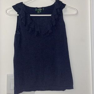 100% Silk Lauren Ralph Lauren Ruffle Sleeveless Tank Top PM EUC Navy Blue Soft